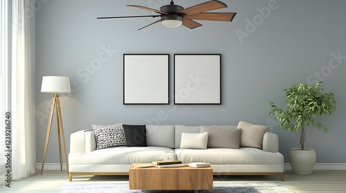 In a freshly painted living room a contemporary fan hangs with lamps