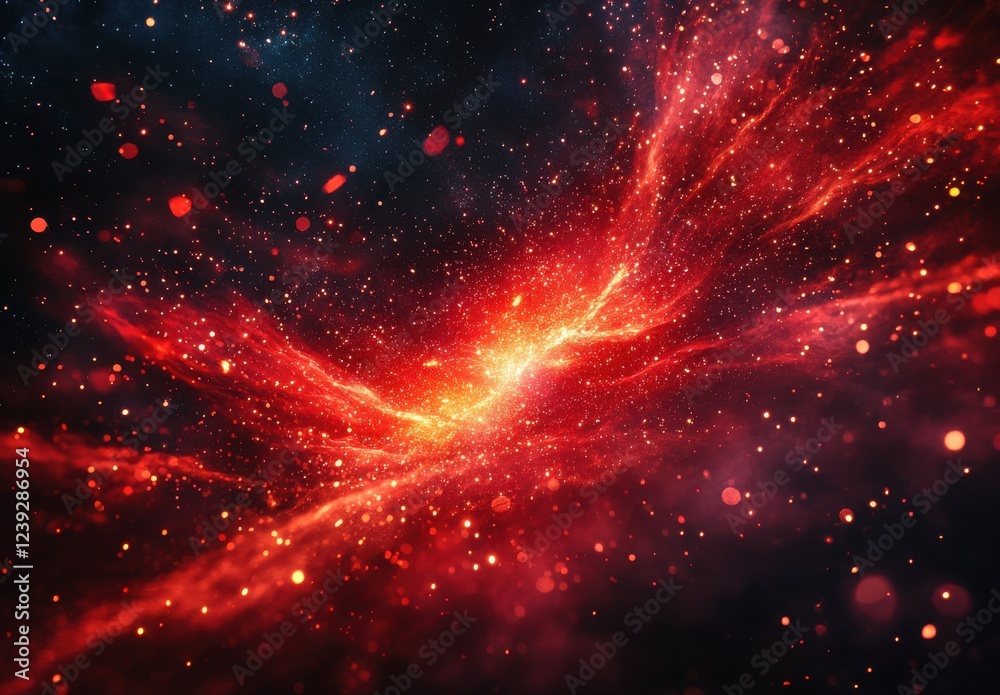 Obraz premium Stunning Abstract Representation of Cosmic Nebula in Vibrant Red and Orange Colors with Glowing Stars and Space Dust Particles in the Universe