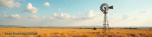 Classic windmill stands tall on a vast ranch landscape , nature, rustic, blades
