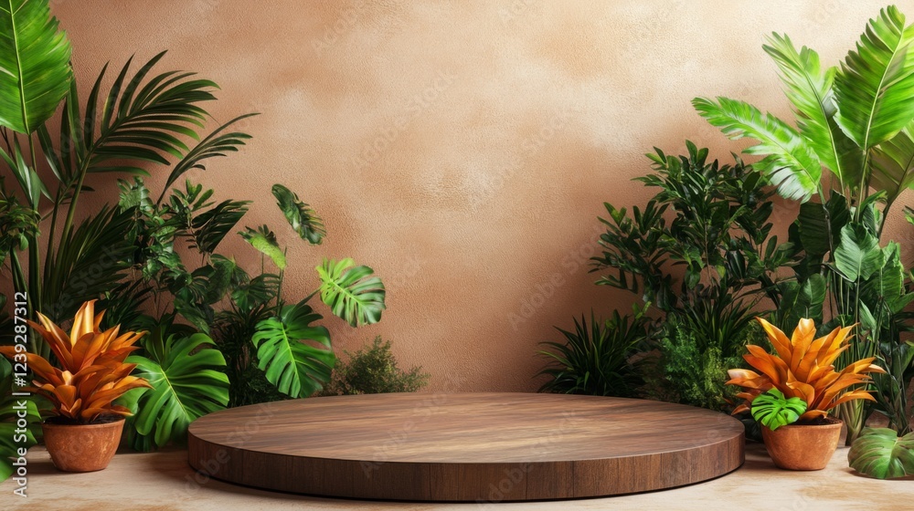 A wooden podium is centrally placed against a warm, textured wall, surrounded by tropical plants and colorful greenery, creating an inviting atmosphere for an ai-focused event during spring. A wooden podium is centrally placed against a warm, textured wall, surrounded by tropical plants and colorful greenery, creating an inviting atmosphere for an ai-focused event during spring.