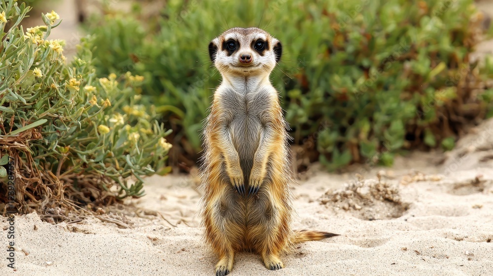 Fototapeta premium A curious meerkat stands upright in a sandy environment, surrounded by green vegetation, displaying its alert demeanor.