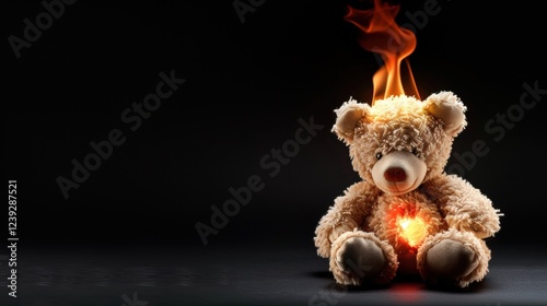 A cute teddy bear burning on fire - Collection of Burning and on fire isolated on black