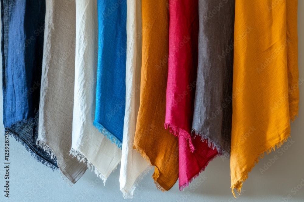 Naklejka premium Colorful fabric swatches displayed in modern interior setting showcasing textile texture and variety