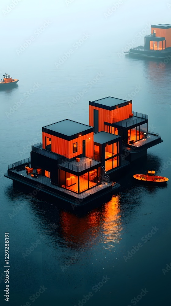 Fototapeta premium Futuristic offshore floating warehouse facility with autonomous ships docking for seamless cargo transfer and AI controlled distribution hub