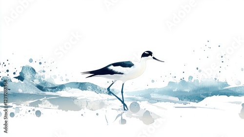 Pied avocet wading, beach, ocean waves, nature illustration