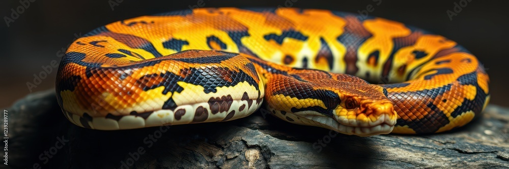 Obraz premium Brightly colored python resting on a wooden log in a natural habitat setting, showcasing its vibrant scales and patterns