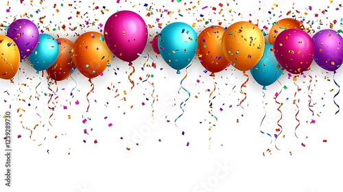 Vibrant New Year's Eve corner with colorful balloons, festive streamers, and confetti on white