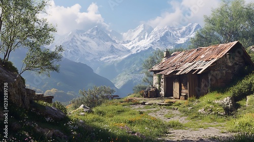 In an idyllic setting, an outbuilding and mountains around an aged cottage with an outdoor space