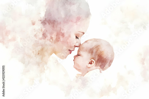 Mother and baby share a tender moment with a soft artistic backdrop