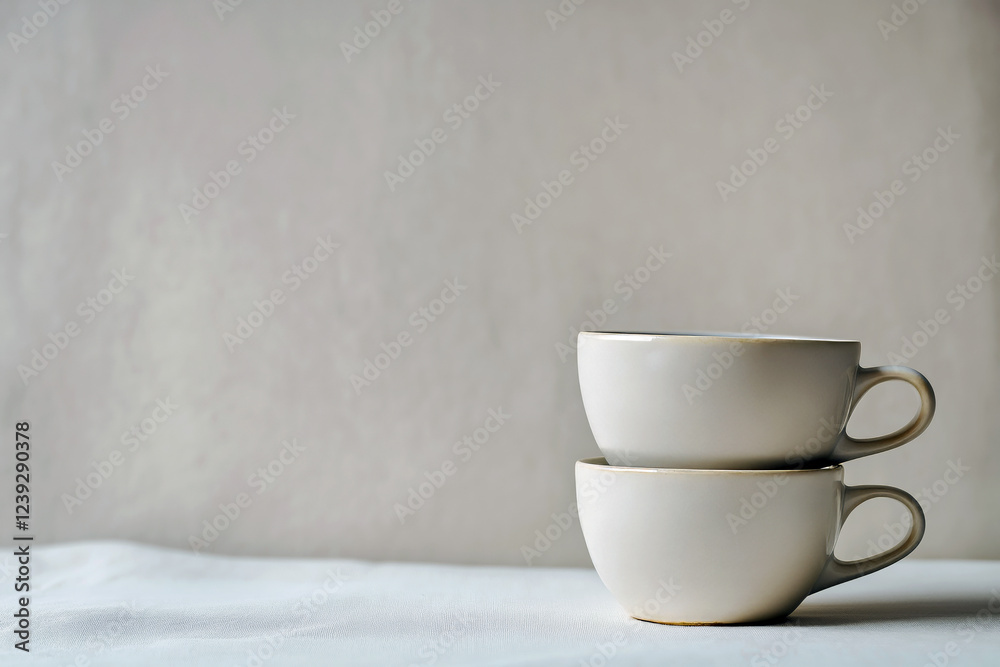 A pair of stacked coffee cups in neutral tones on a soft textured background, minimalist design. A pair of stacked coffee cups in neutral tones on a soft textured background, minimalist design.