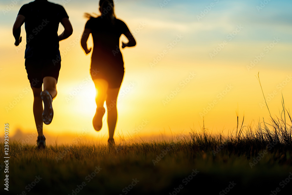 Couple jogging together during sunset in a serene outdoor setting Couple jogging together during sunset in a serene outdoor setting