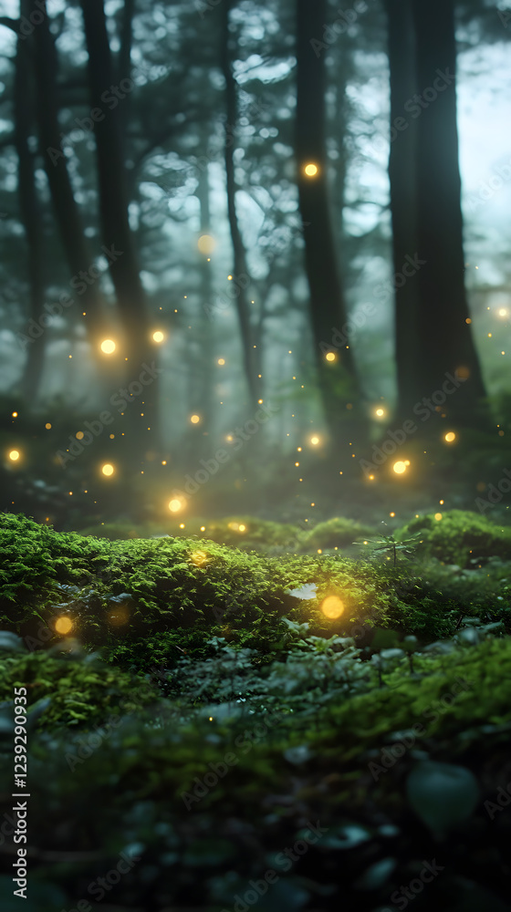 Enchanting Misty Forest Clearing with Glowing Orbs Above Mossy Ground