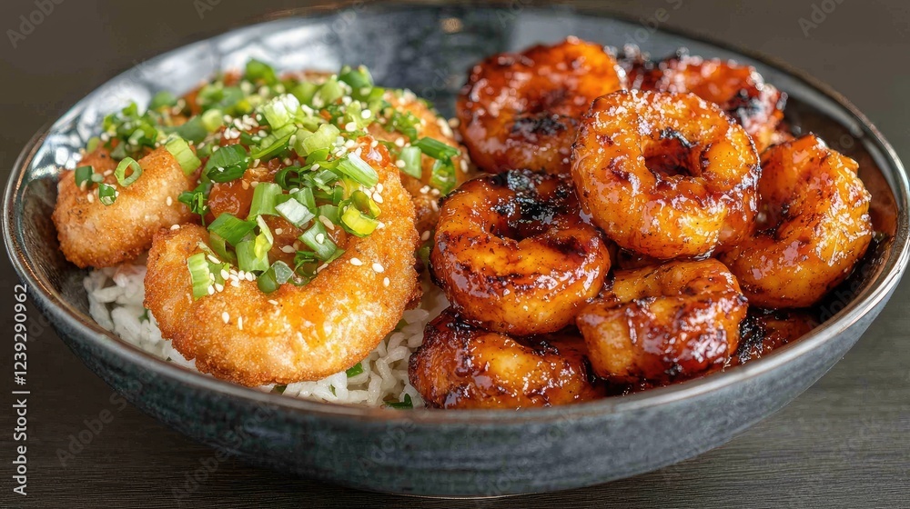 Shrimp Rice Bowl Two styles of shrimp, sesame, and rice. Delicious food photography for restaurant menus Shrimp Rice Bowl Two styles of shrimp, sesame, and rice. Delicious food photography for restaurant menus