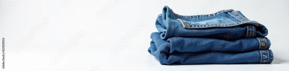 Folded and rumpled stack of denim over crisp white background with visible stitching , rumpled, background, texture Folded and rumpled stack of denim over crisp white background with visible stitching , rumpled, background, texture