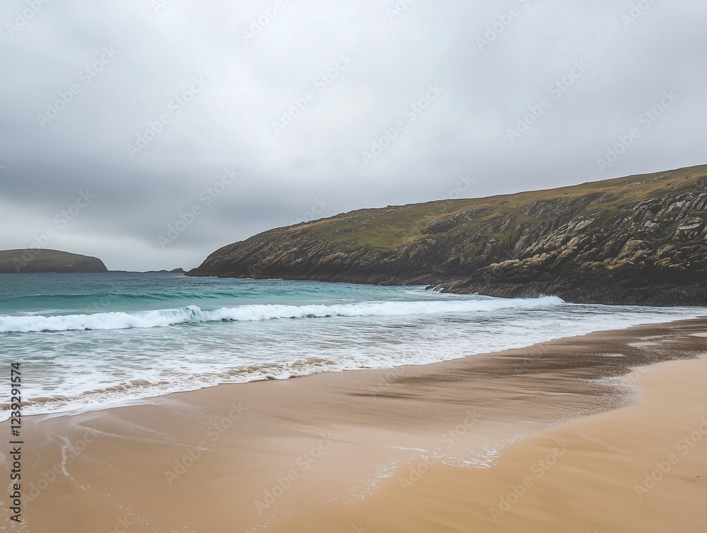Rocky Shoreline with Gentle Waves Under an Overcast Sky in a Serene Coastal Landscape Rocky Shoreline with Gentle Waves Under an Overcast Sky in a Serene Coastal Landscape