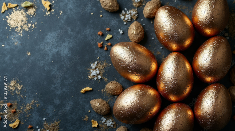 Obraz premium Golden easter eggs on dark grunge background with copy space, top view, flat lay