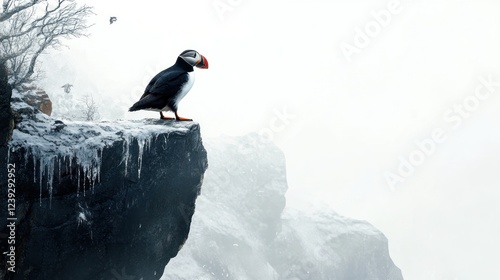 Puffin perched on snowy cliff, foggy landscape, winter