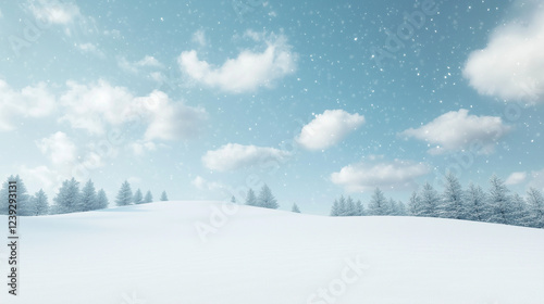 Serene Snowy Landscape with Gently Falling Snowflakes and a Clear Blue Sky in Winter Wonderland