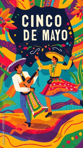 A vibrant poster for Cinco de Mayo featuring two people dancing in traditional Mexican attire.