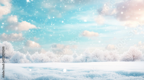 Serene Snowy Landscape with Gently Falling Snowflakes and a Clear Blue Sky in Winter Wonderland