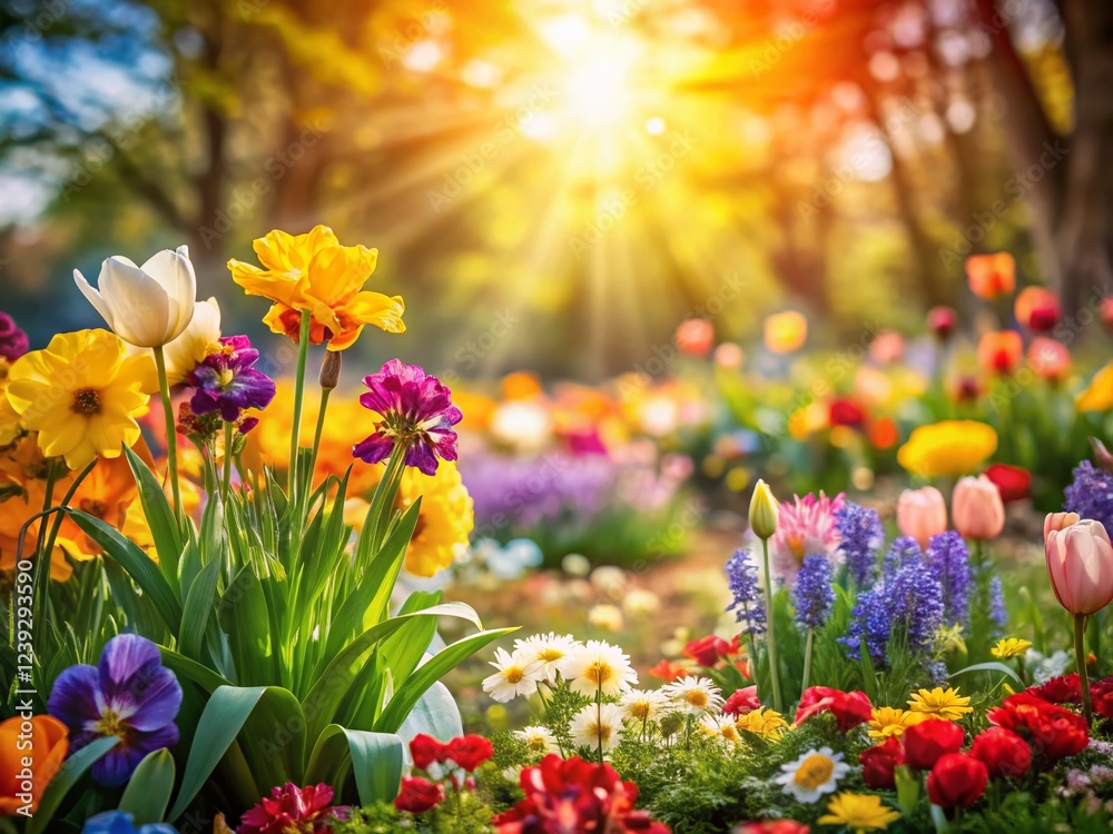 Obraz premium Vibrant Spring Flowers Filling Garden Gaps: Perfect for Landscaping