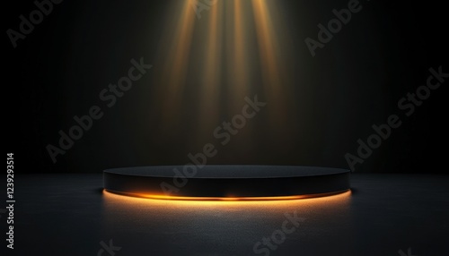 Dark Platform Product Display with Golden Lighting