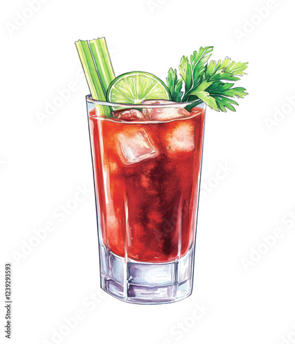 Bloody Mary PNG cocktail. Watercolor illustration of a classic savory drink on a white background. Brunch cocktail art concept for design and print