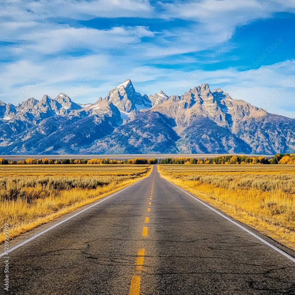 Naklejka premium The Grand Teton National Park, a beautiful landscape with mountains in the background and yellow grass on both sides of the road, a blue sky with some clouds road in the mountains