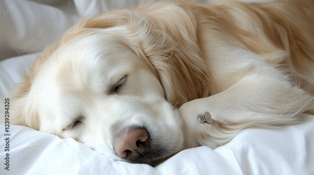 Golden Retriever Puppy Sleeping Peacefully On White Bedding Golden Retriever Puppy Sleeping Peacefully On White Bedding