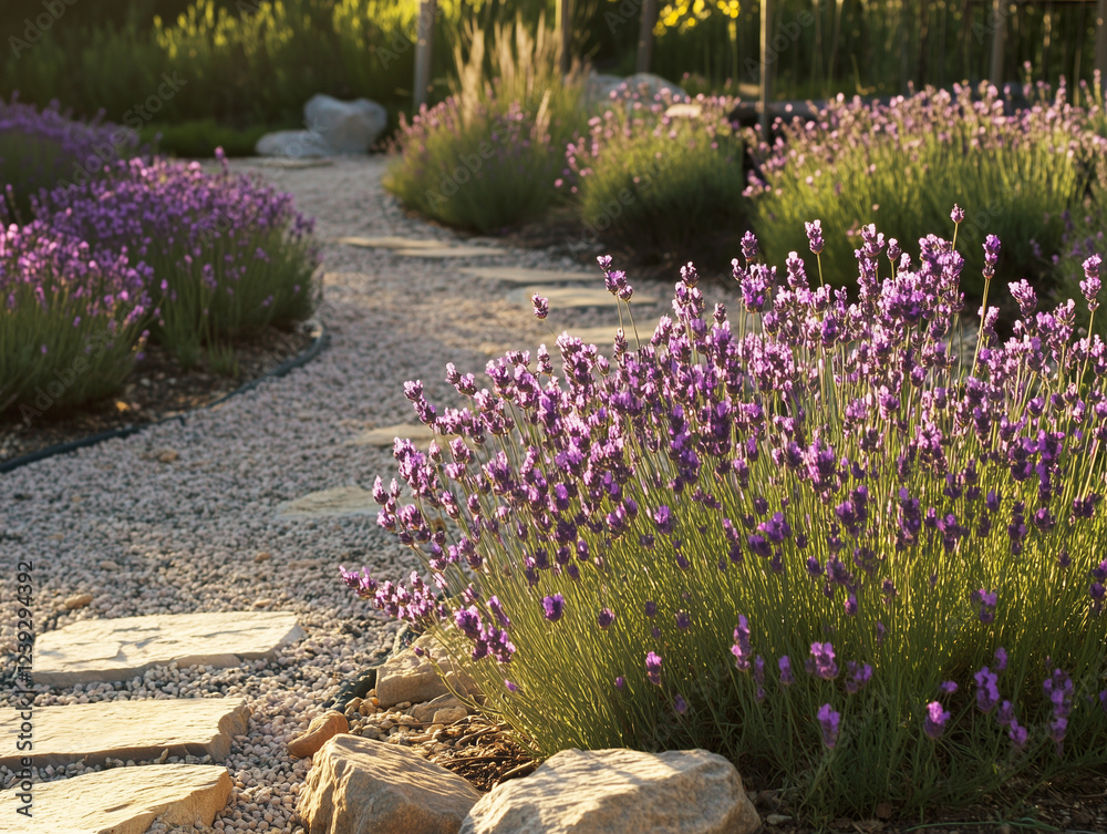 Fototapeta premium Scenic Stone Pathway Through a Blooming Lavender Field with Soft Golden Sunlight
