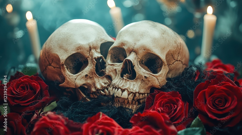 An intriguing still life featuring two skulls surrounded by rich red roses, representing a profound yet beautiful connection between love and mortality. An intriguing still life featuring two skulls surrounded by rich red roses, representing a profound yet beautiful connection between love and mortality.