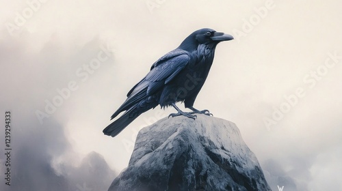 Raven perched on rock, misty mountain background, symbolic image