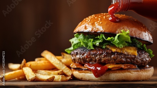 A mouthwatering burger with fresh lettuce, cheese, and perfectly cooked beef patty, complemented by crispy fries and a drizzle of ketchup, ideal for food lovers. photo