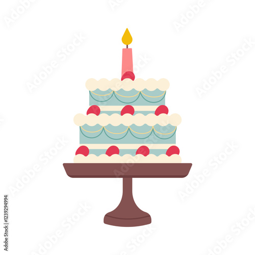 Birthday cake with candle on a stand. Flat vector illustration. Isolated on white background