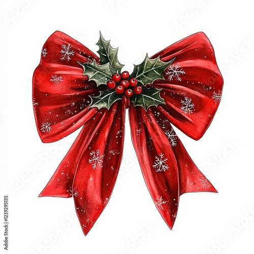 Bright red Christmas bow with holly and snowflakes emblazoned on its fabric photo