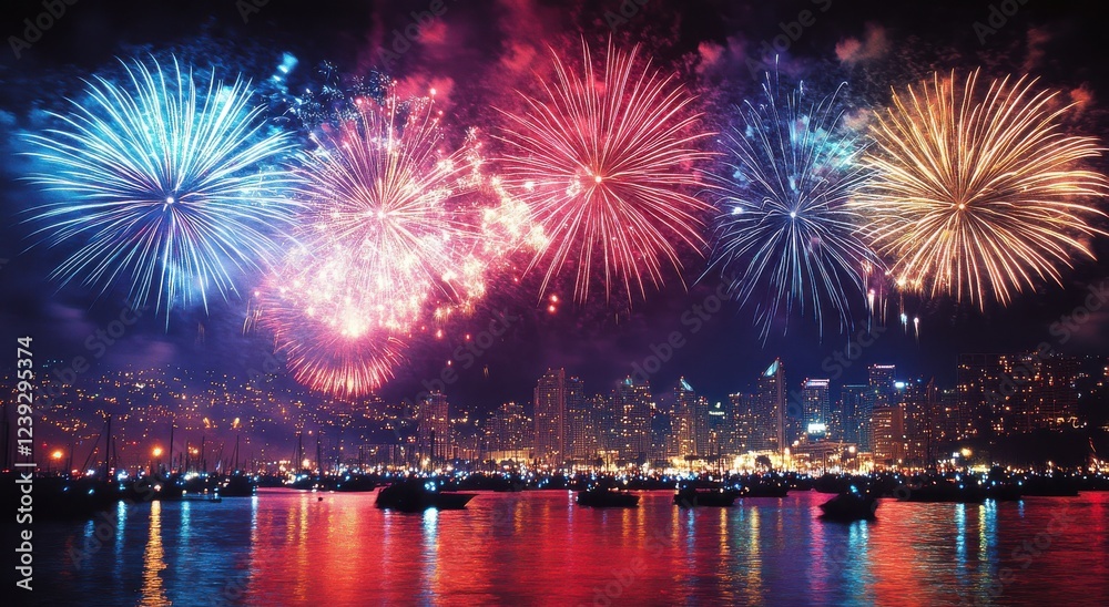 Stunning Nighttime Fireworks Display Over City Skyline and Water with Colorful Explosions of Light and Reflections on Calm Surface Stunning Nighttime Fireworks Display Over City Skyline and Water with Colorful Explosions of Light and Reflections on Calm Surface