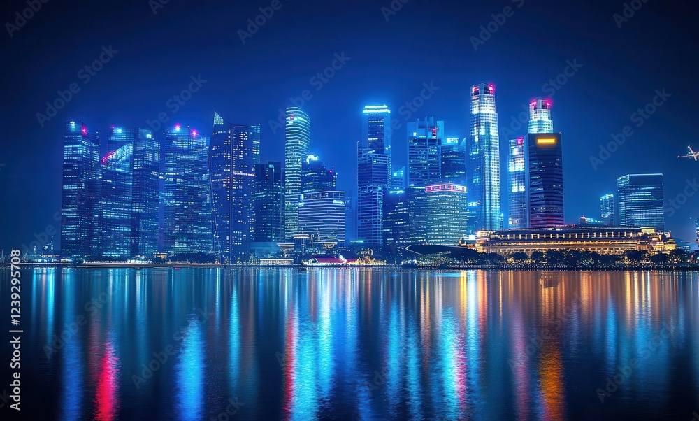 Fototapeta premium Stunning Nighttime Skyline of a Modern Cityscape with Bright Reflections in Water and Towering Skyscrapers Illuminated by Colorful Lights