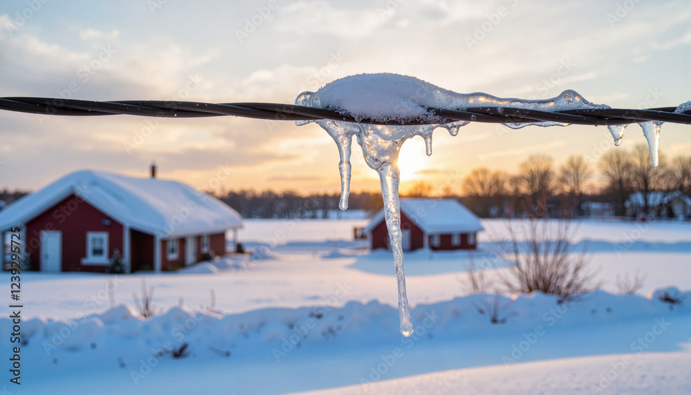 Fototapeta premium Icicles hanging from wire in rural landscape at sunset, winter beauty