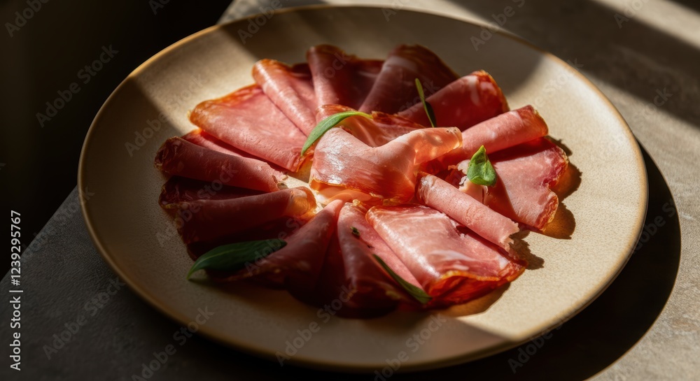 Sliced prosciutto on plate with sunlit accent garnished with basil leaves Sliced prosciutto on plate with sunlit accent garnished with basil leaves