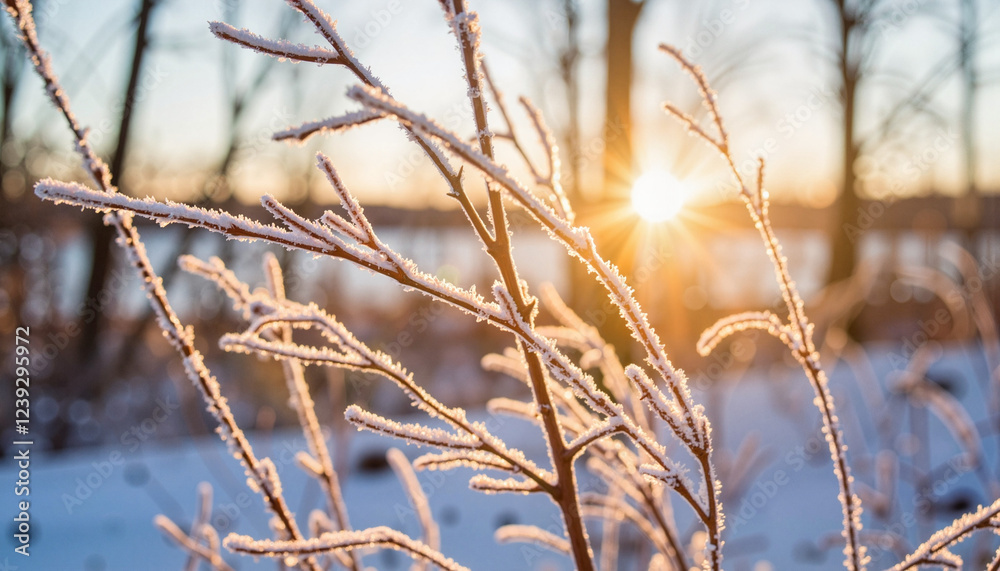Frost-tipped branches illuminated by dawn sun, winter beauty Frost-tipped branches illuminated by dawn sun, winter beauty