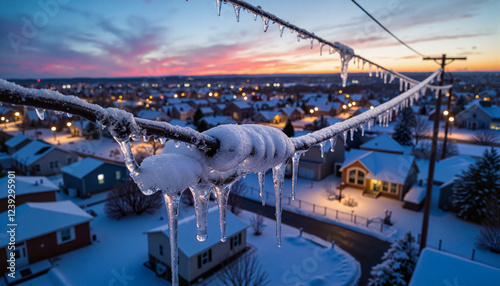Ice-coated power lines at dusk in suburban neighborhood, winter beauty