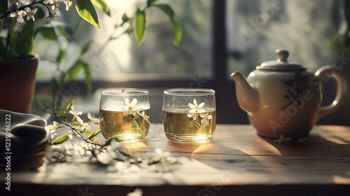 Jasmine infused green chinese tea in glasses and a pot of tea with honeysuckle blossoms on the wooden desktop photo