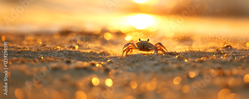 A golden sunset casts a warm glow on a solitary crab scurrying across the sandy beach. photo