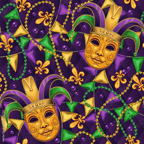 Carnival Mardi Gras themed pattern with golden venetian face mask in Jester Harlequin hat, scattered trinket, pennant garland, strings of beads. Detailed illustration in vintage style