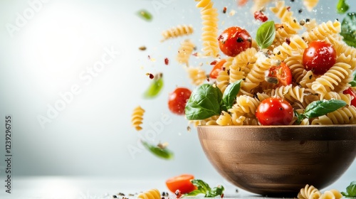 A captivating image showcasing flying pasta mixed with cherry tomatoes and basil leaves, conveying emotion and the beauty of simplicity in culinary delight. photo