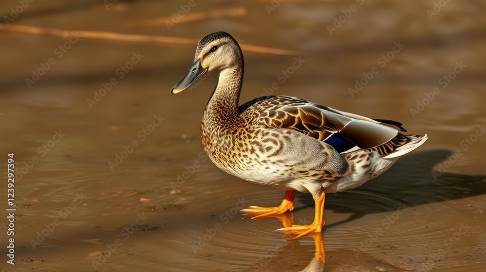 Mallard duck forages in shallow water at a serene natural habitat during daylight hours Mallard duck forages in shallow water at a serene natural habitat during daylight hours