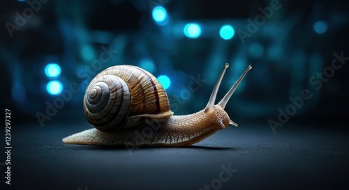 Close-up of a garden snail crawling on a dark surface with blue lights in the background