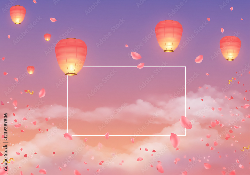 Obraz premium 春の夜 - 提灯が彩る桜の風景、花見の告知