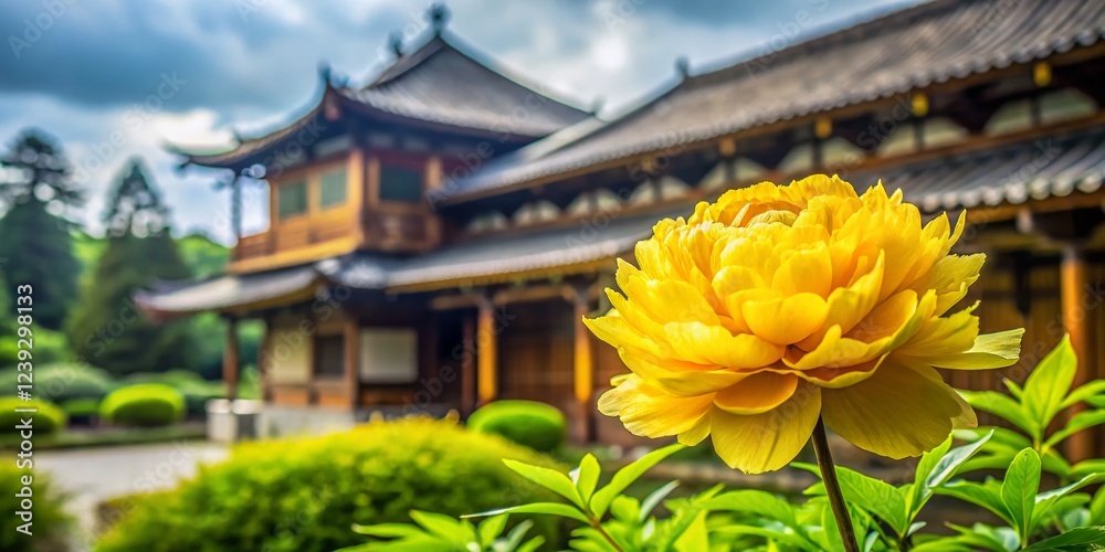 Vibrant Yellow Peony Blossoms at Kennin-ji Temple, Kyoto, Japan Vibrant Yellow Peony Blossoms at Kennin-ji Temple, Kyoto, Japan
