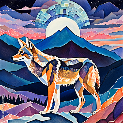 An iridescent schematic coyote in a mountain  environment with a dark pastel-colored geometric landscape